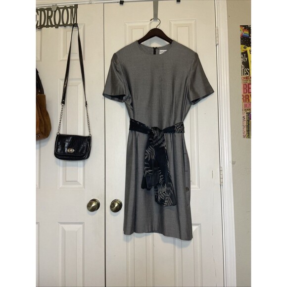 Vintage 80s-90s Women’s Size 12 Kasper A.S.L. Gray Sheath Dress W Floral Scarf - Picture 1 of 12